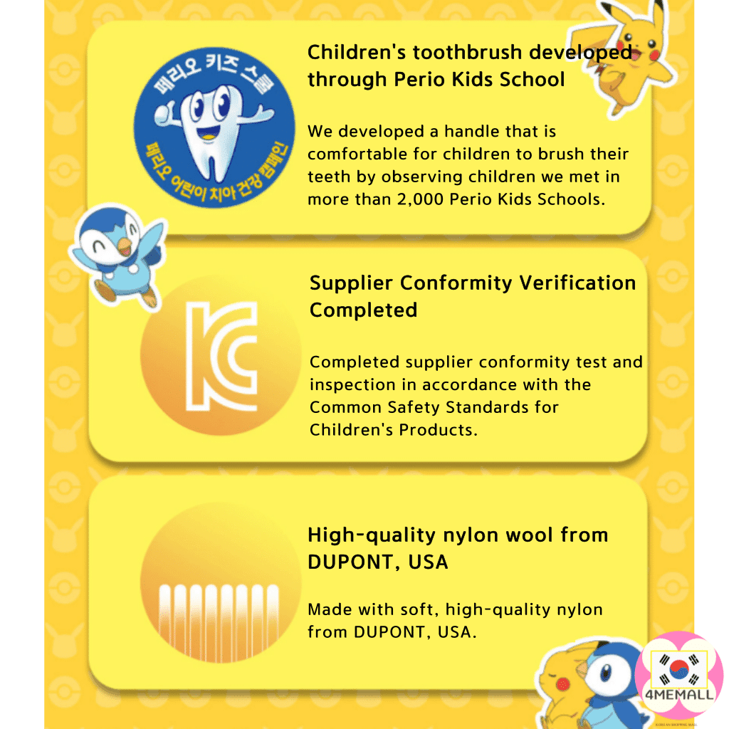 Perioe Kids 3 Step Children's Toothbrush 12pcs (Pikachu/ Piplup ) 3 to 13 years old Pokemon Kakao Kids Dental 6