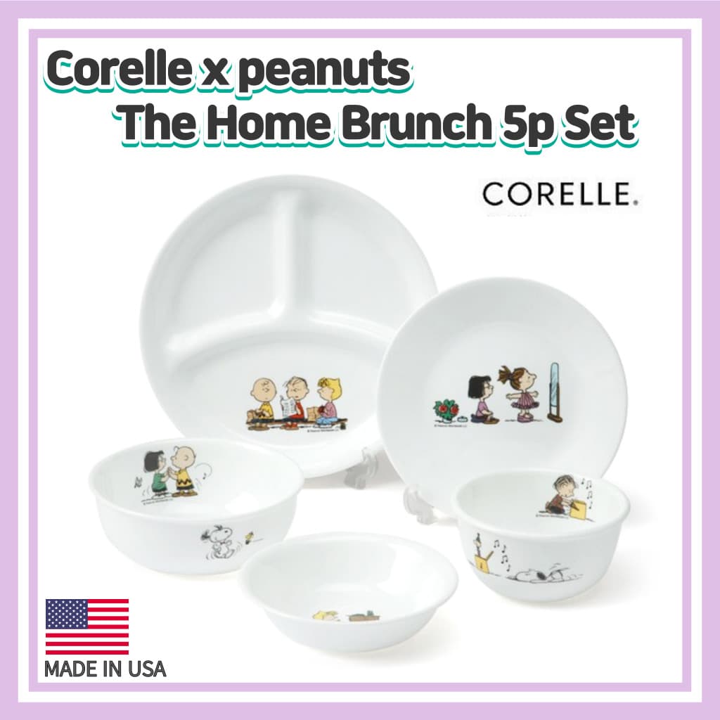 Corelle x Peanuts Snoopy The Home Brunch 5p Set/Corelle USA set/ /Triple Plate,Bowl,USA,Lucy,Charlie/Dinnerware Corelle set/Snoopy Plate/Snoopy Square Plate/ Snoopy Kitchen /Corelle Square Plate/Corelle Dining Sets/Peanuts Kitchen/Snoopy Large Plate /Corelle set