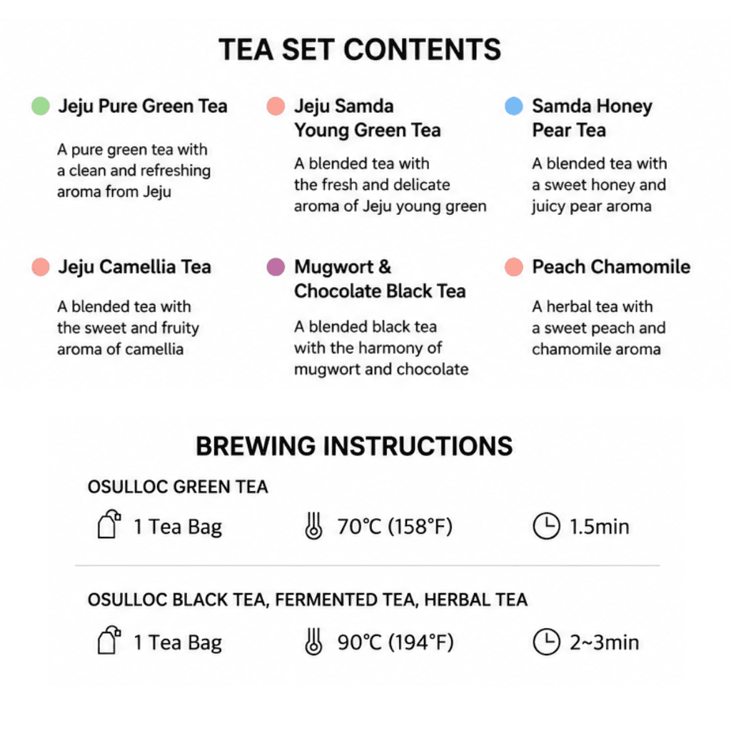 Discover six signature OSULLOC tea flavors inspired by the natural ingredients of Jeju Island.