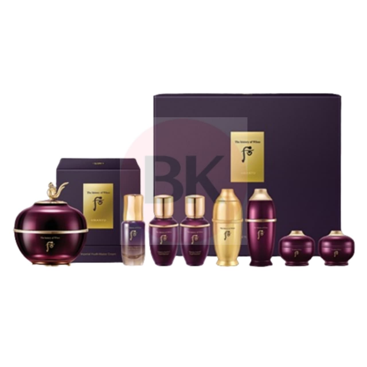 THE WHOO Whanyu Imperial Youth Master Cream Special Set with 60ml cream, First Serum 15ml, Whanyu Balancer 25ml, Lotion 25ml, Essence 25ml, and deluxe mini 4pcs